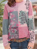 Loose Long Sleeve Crew Neck Floral Casual Regular T-Shirt