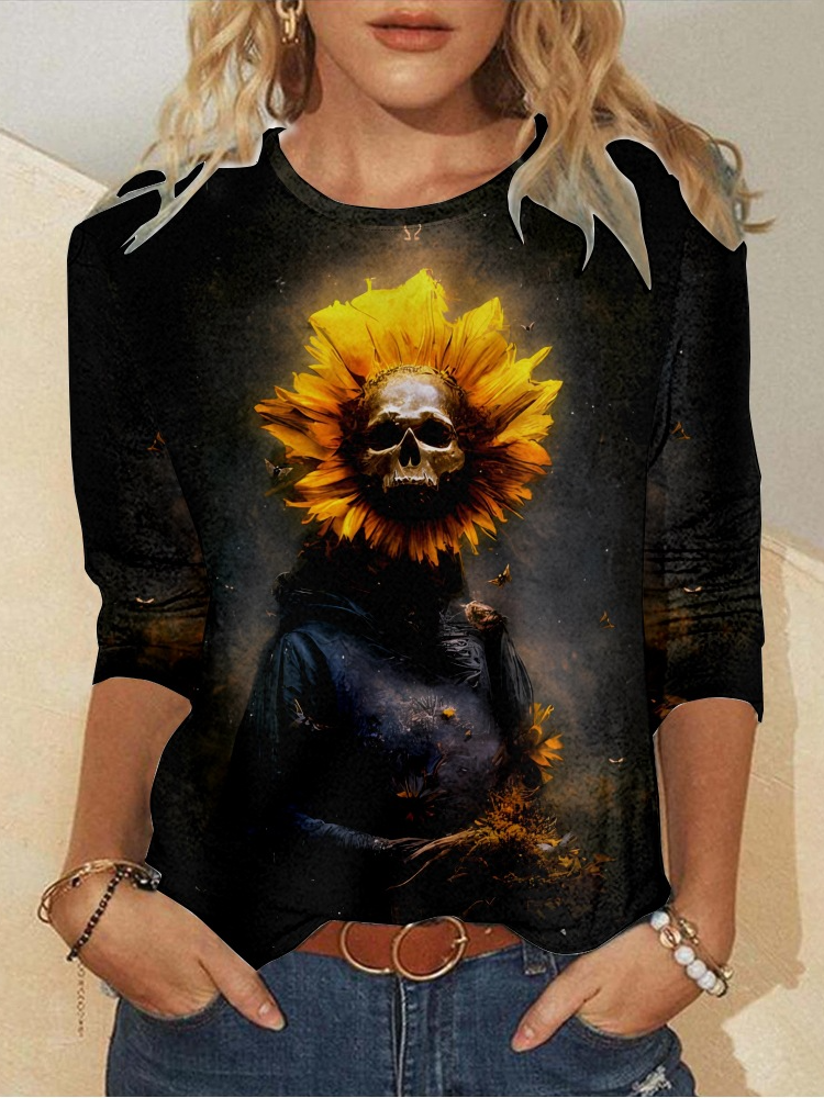 Loose Long Sleeve Crew Neck Floral Casual Regular T-Shirt