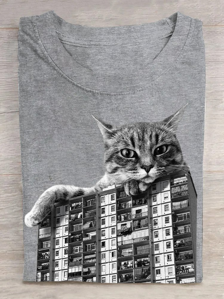 Loose Short Sleeve Crew Neck Cat Casual Regular T-Shirt
