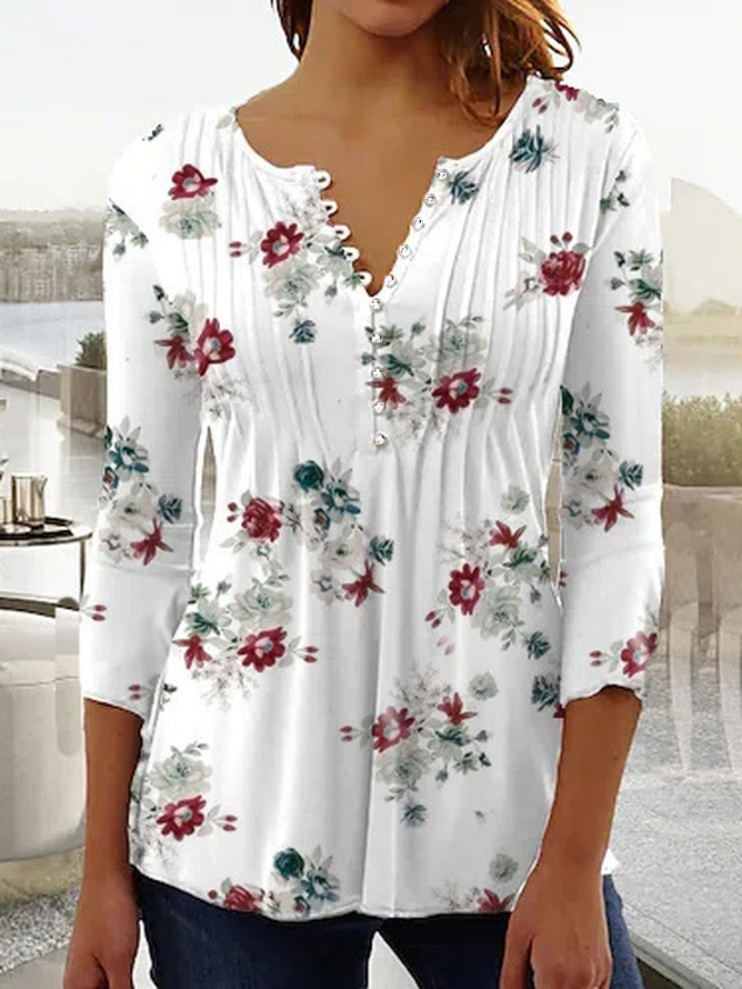 Casual Three Quarter Sleeve Crew Neck Floral Loose Regular Blouse