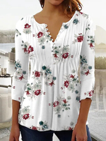 Casual Three Quarter Sleeve Crew Neck Floral Loose Regular Blouse