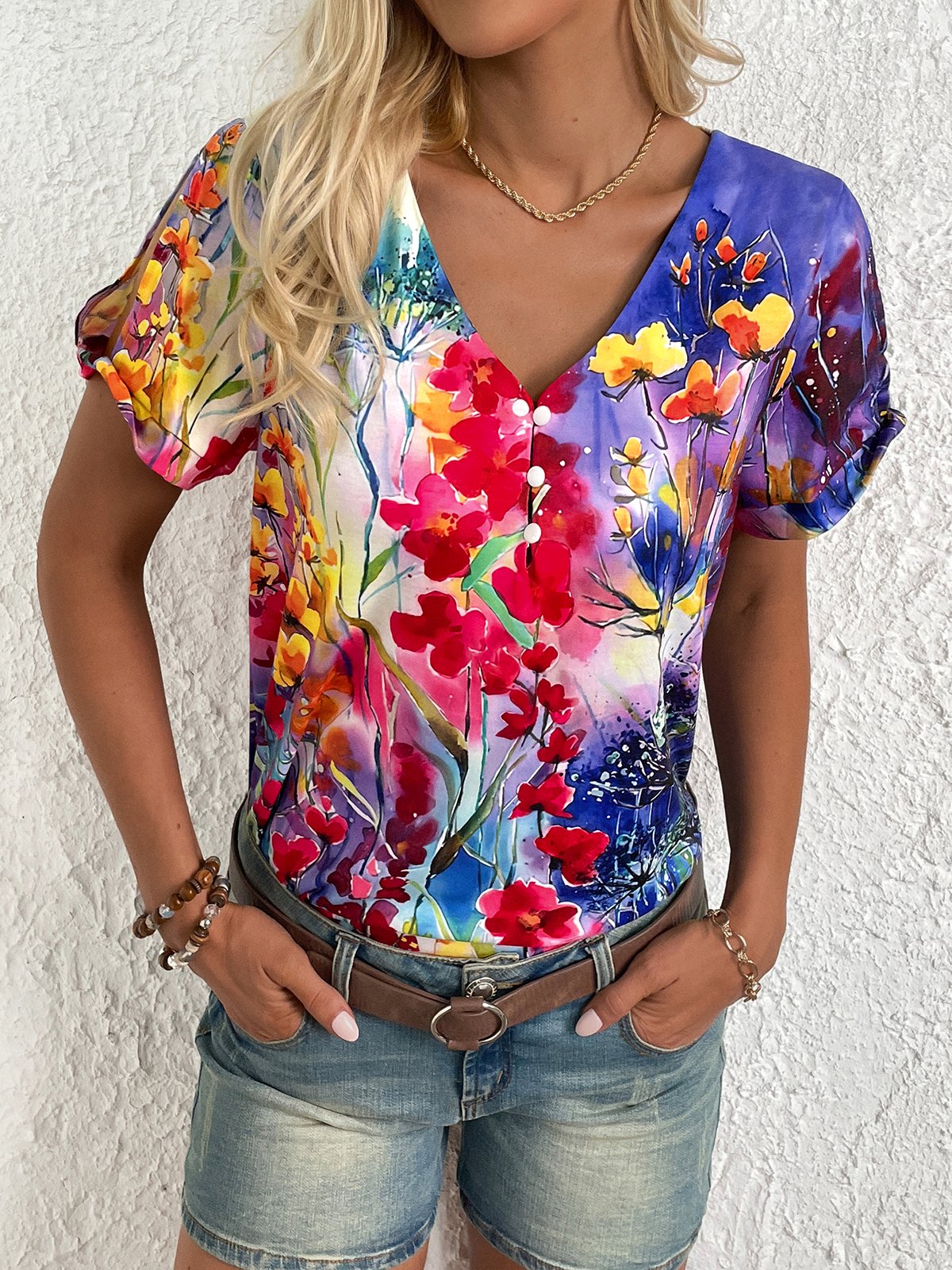 Loose Short Sleeve V Neck Floral Casual Regular Blouse