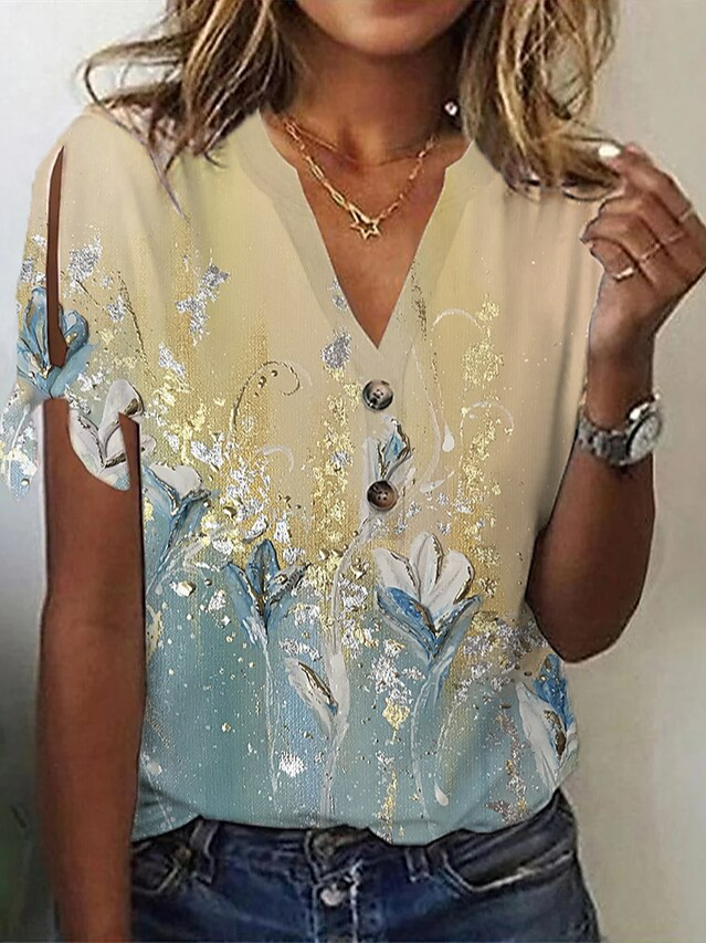Casual Short Sleeve V Neck Floral Loose Regular Blouse