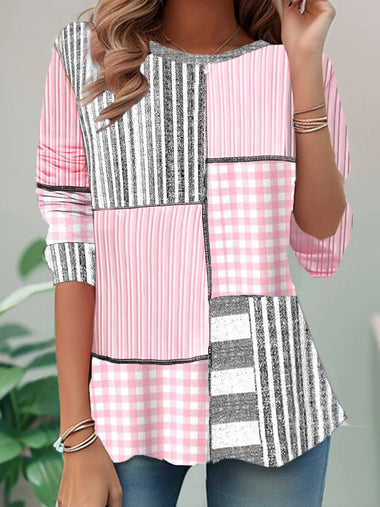 Loose Long Sleeve Crew Neck Geometric Casual Regular T-Shirt