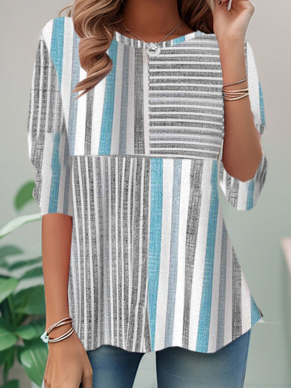 Casual Long Sleeve Crew Neck Striped Loose Regular T-Shirt