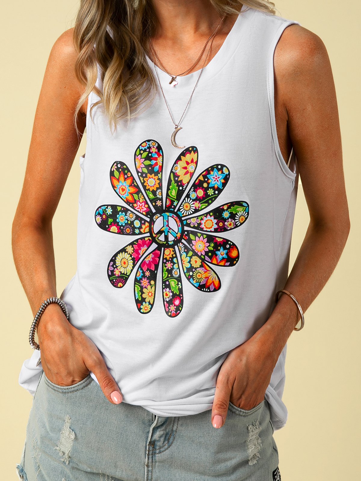 Loose Sleeveless Crew Neck Floral Casual Regular Shirt