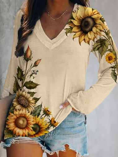 Casual Long Sleeve V Neck Daisy Loose Regular T-Shirt