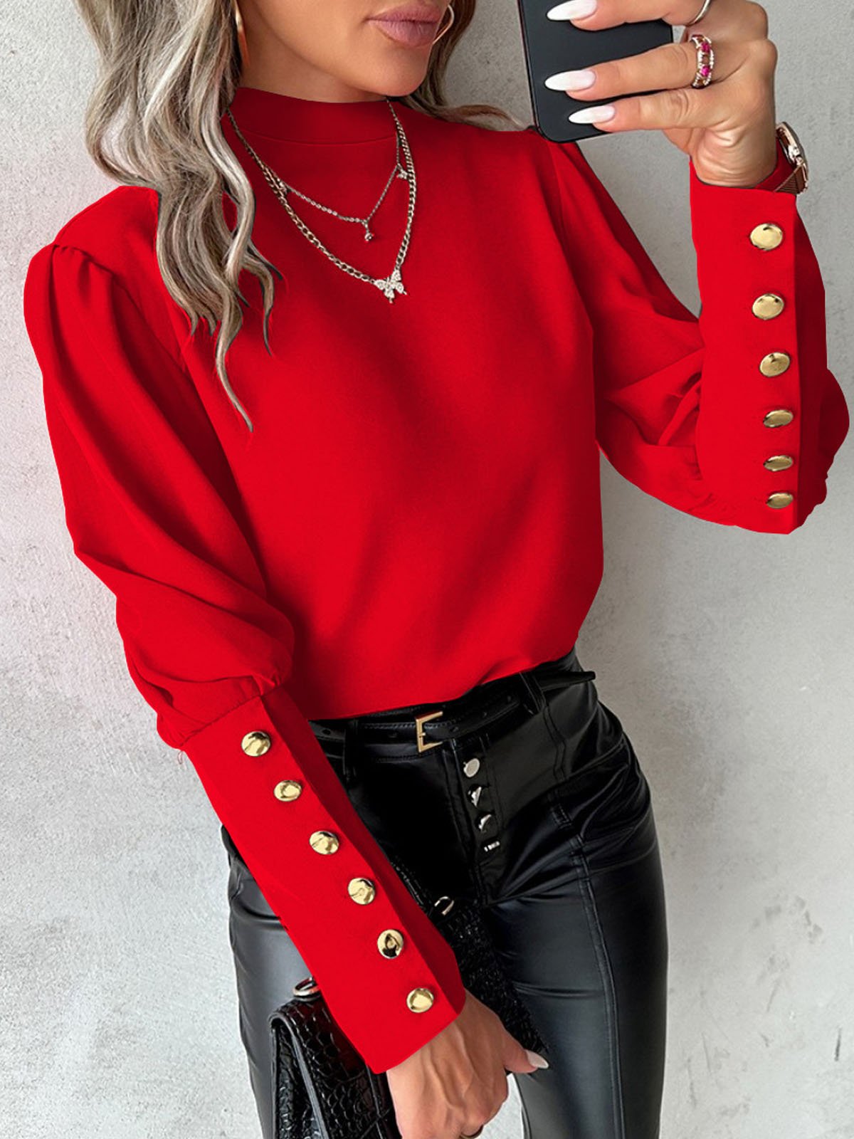 Casual Long Sleeve Mock Neck Plain Loose Regular Blouse