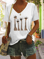 Casual Short Sleeve V Neck Deer Loose Regular T-Shirt