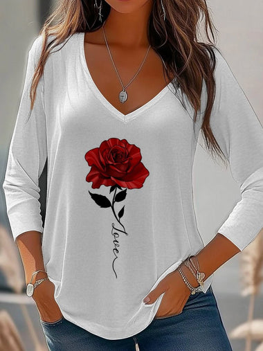 Casual Long Sleeve V Neck Floral Regular Blouse