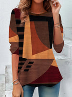Casual Long Sleeve Crew Neck Colorblock Loose Regular Blouse