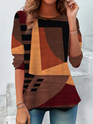 Casual Long Sleeve Crew Neck Colorblock Loose Regular Blouse