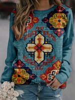 Casual Long Sleeve Crew Neck Ethnic Loose Regular Sweatshirt