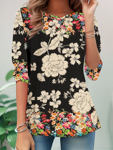 Casual Long Sleeve Crew Neck Floral Loose Regular T-Shirt