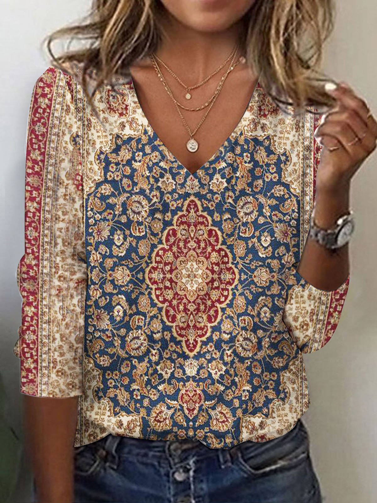 Loose Long Sleeve V Neck Ethnic Casual Regular T-Shirt