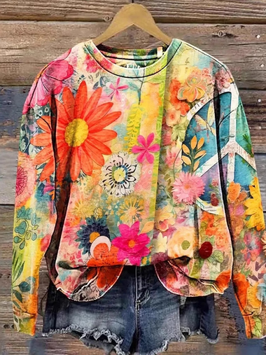 Loose Long Sleeve Crew Neck Geometric Floral Casual Regular Sweatshirt