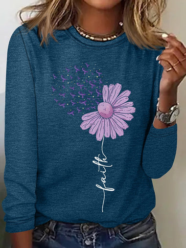 Loose Long Sleeve Crew Neck Floral Casual Regular Blouse
