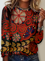 Casual Long Sleeve Crew Neck Ethnic Loose Regular T-Shirt