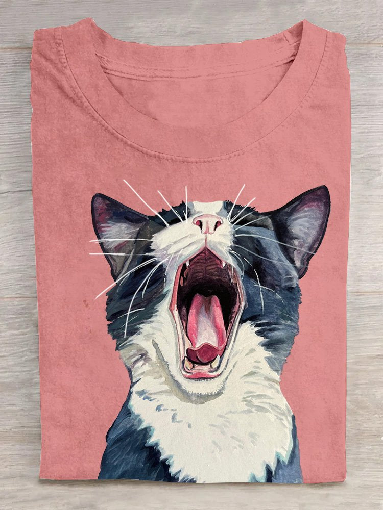 Casual Short Sleeve Crew Neck Cat Loose Regular T-Shirt