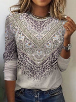 Casual Long Sleeve Crew Neck Ethnic Loose Regular T-Shirt