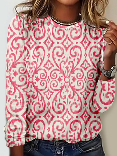 Casual Long Sleeve Crew Neck Geometric Loose Regular T-Shirt