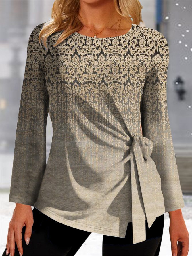 Long Sleeve Crew Neck Ethnic Casual Regular T-Shirt