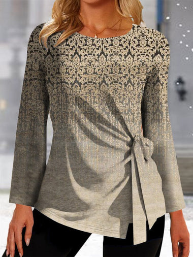 Long Sleeve Crew Neck Ethnic Casual Regular T-Shirt