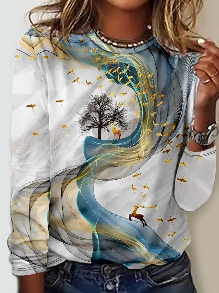 Loose Long Sleeve Crew Neck Abstract Casual Regular T-Shirt