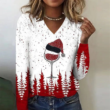 Casual Long Sleeve Christmas Asymmetric Mid-Long T-Shirt