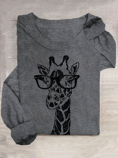 Loose Long Sleeve Crew Neck Deer Casual Regular T-Shirt