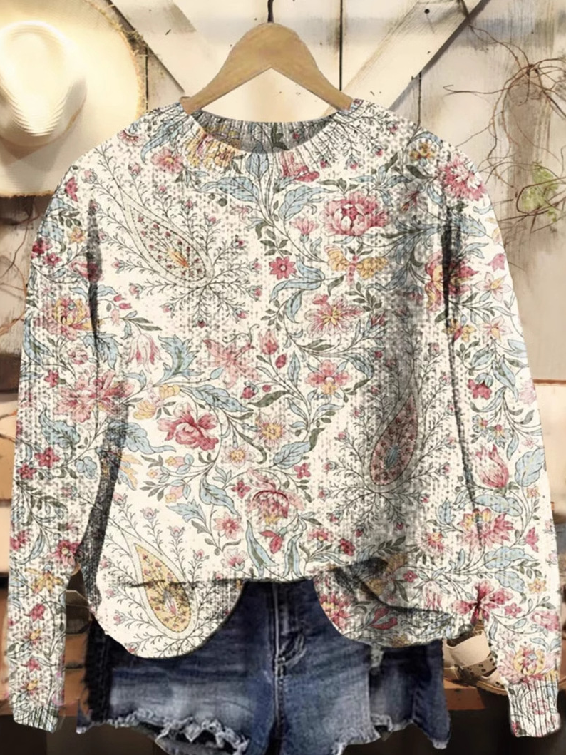 Loose Long Sleeve Crew Neck Ethnic Floral Casual Regular Sweatshirt