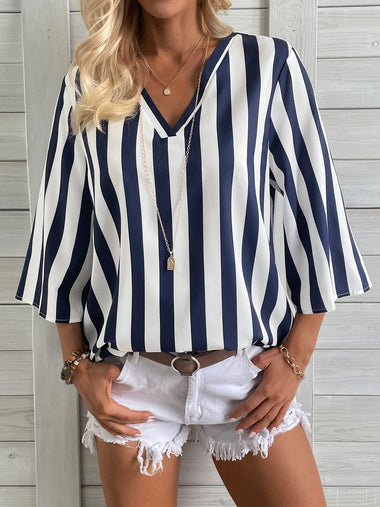 Loose Three Quarter Sleeve V Neck Striped Casual Regular Blouse