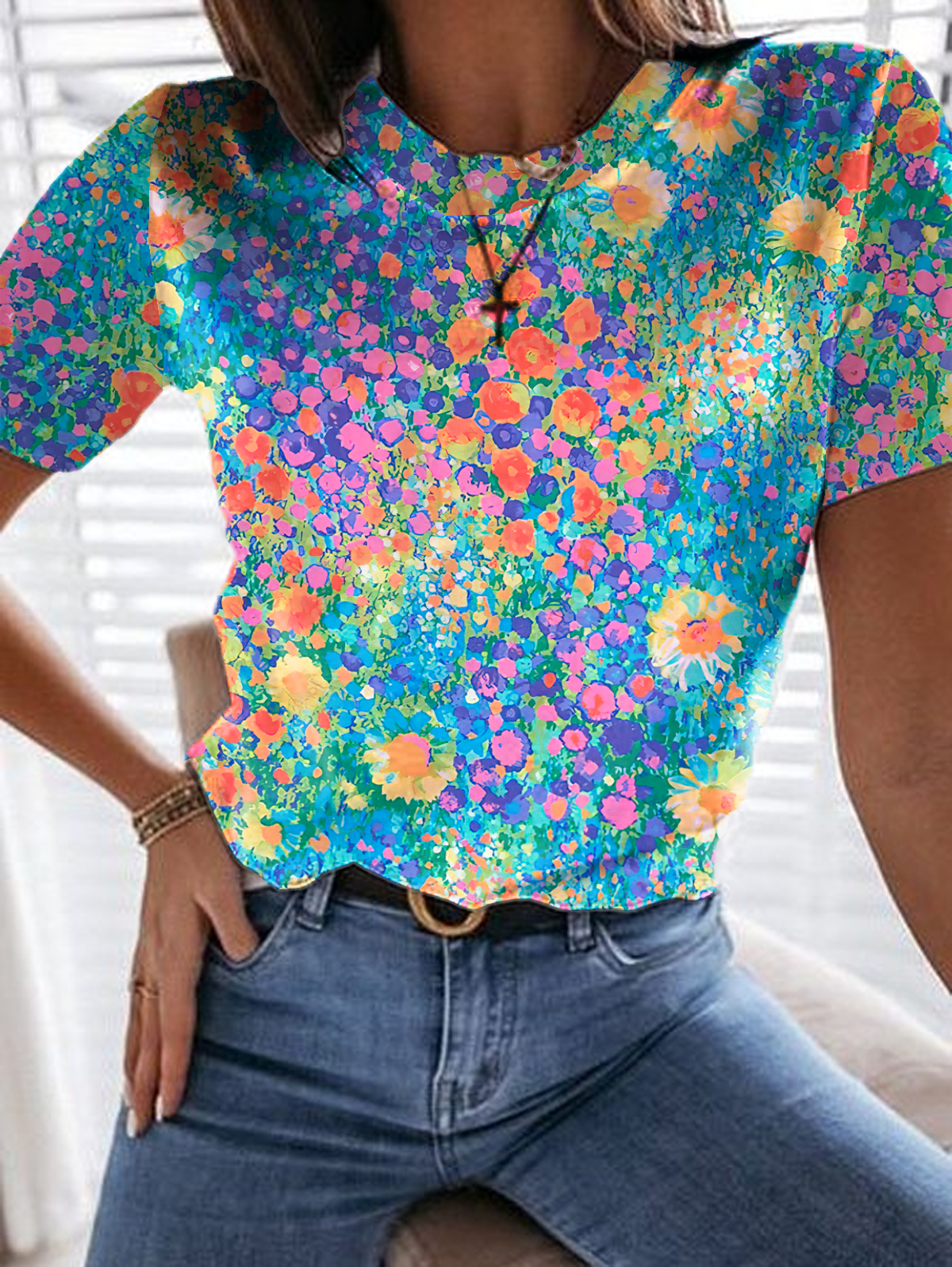 Casual Short Sleeve Crew Neck Floral Loose Regular T-Shirt