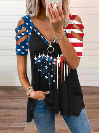 Loose Short Sleeve V Neck America Flag Zipper Casual Regular T-Shirt