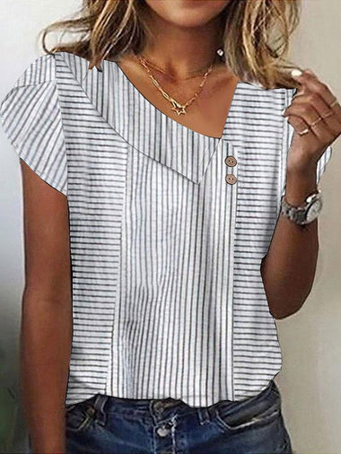 Casual Short Sleeve Asymmetrical Collar Striped Loose Regular Blouse