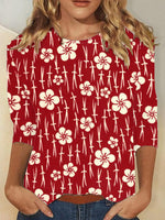 Loose Long Sleeve Crew Neck Floral Casual Regular T-Shirt