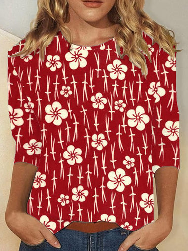 Loose Long Sleeve Crew Neck Floral Casual Regular T-Shirt