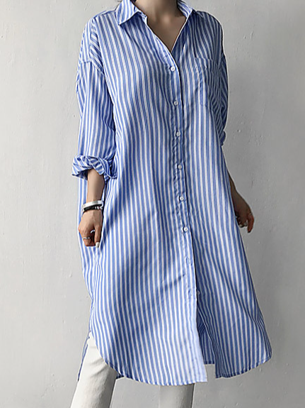 Casual Long Sleeve Shirt Collar Striped Loose Regular Shirt