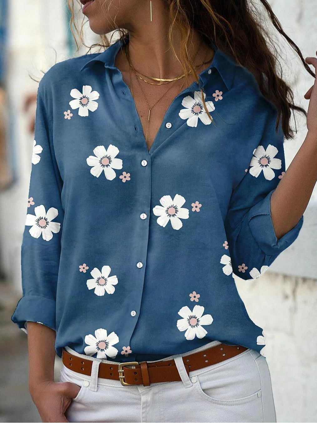 Loose Long Sleeve Shirt Collar Floral Casual Regular Shirt