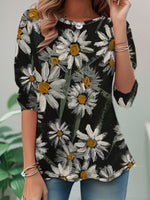 Loose Long Sleeve Crew Neck Floral Casual Regular Blouse