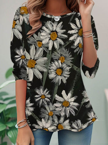 Loose Long Sleeve Crew Neck Floral Casual Regular Blouse