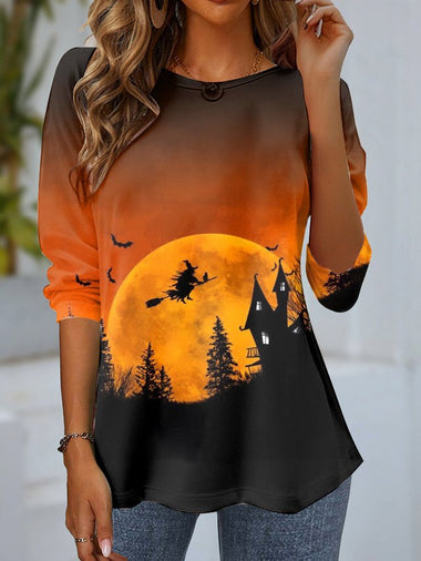 Casual Long Sleeve Crew Neck Halloween Loose Regular Blouse