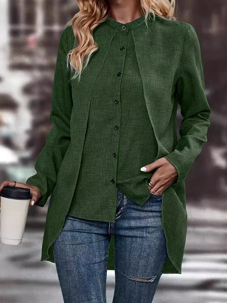 Loose Long Sleeve Stand Collar Plain Casual Regular Blouse