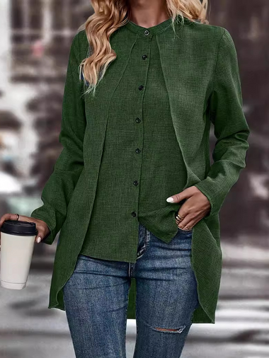 Loose Long Sleeve Stand Collar Plain Casual Regular Blouse