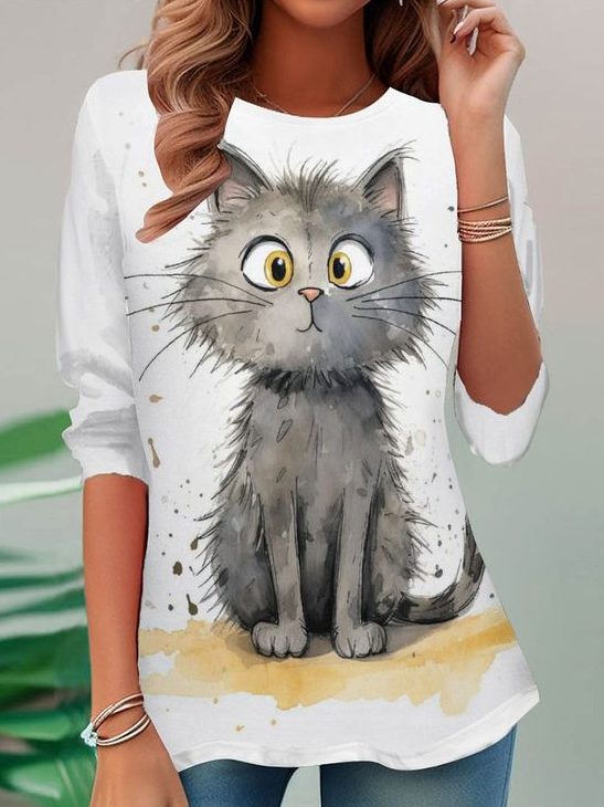 Casual Long Sleeve Crew Neck Cat Loose Regular T-Shirt
