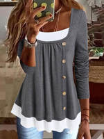 Casual Long Sleeve Crew Neck Color Block Loose Regular Blouse