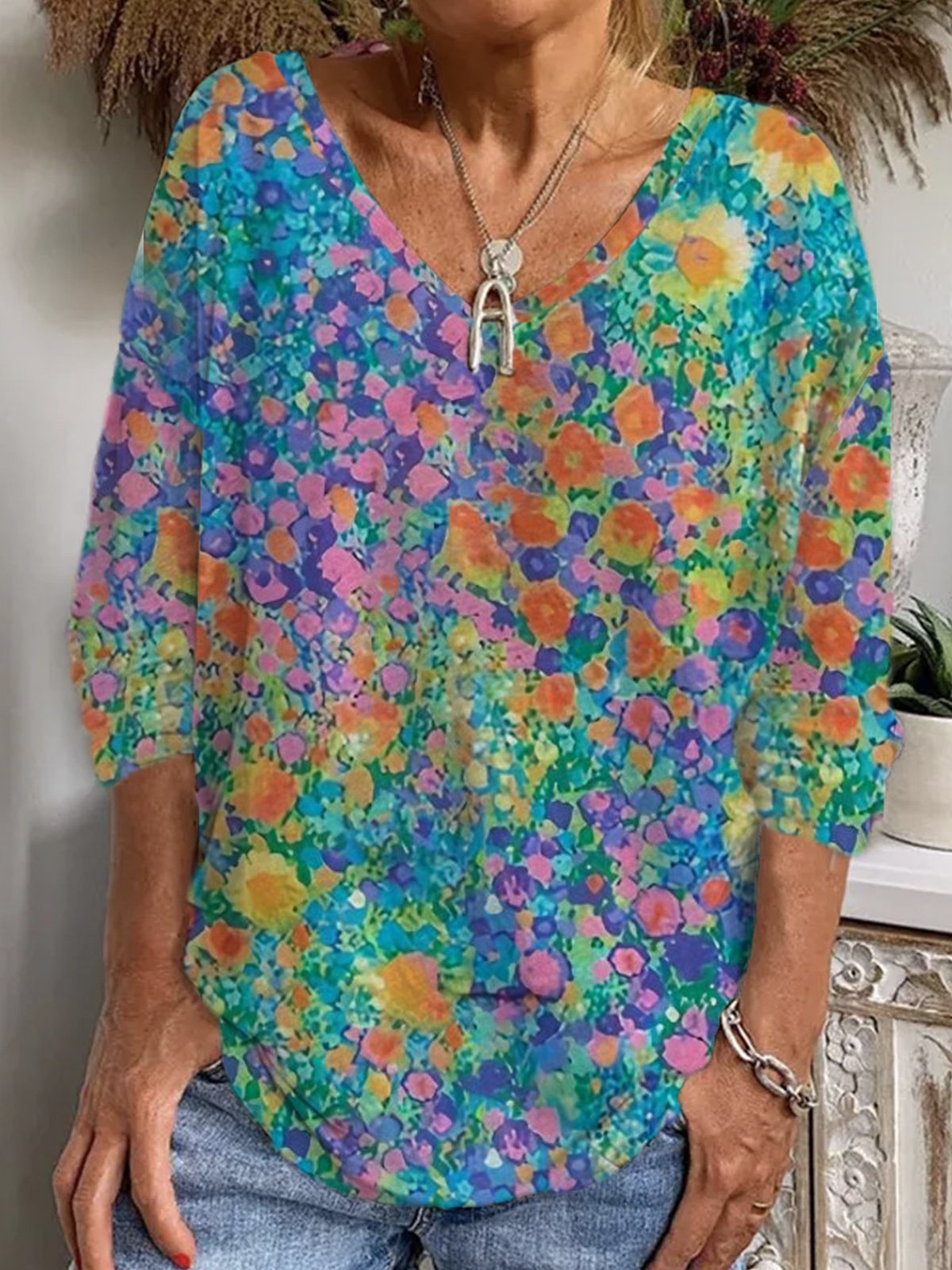 Loose Long Sleeve V Neck Floral Casual Regular T-Shirt
