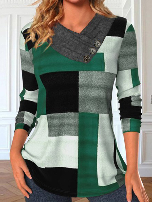 Casual Long Sleeve V Neck Plaid Loose Regular Blouse