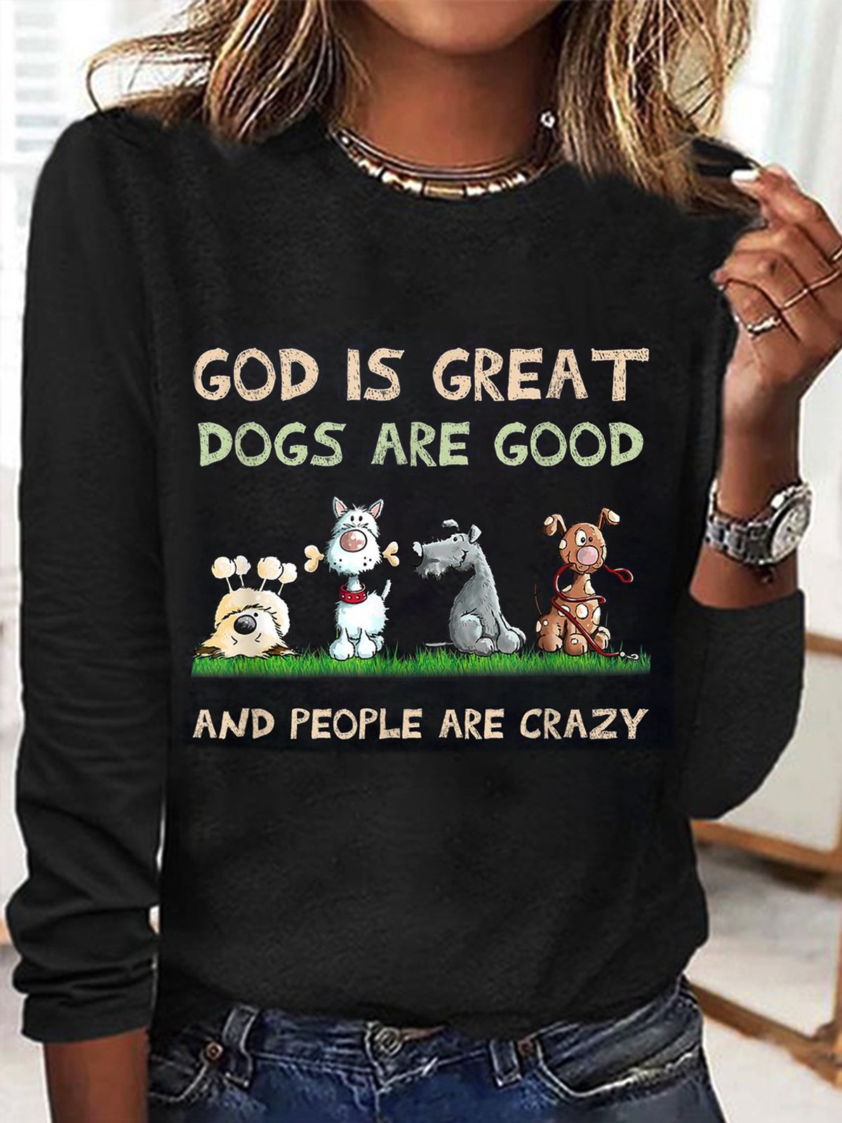 Casual Long Sleeve Crew Neck Dog Loose Regular T-Shirt