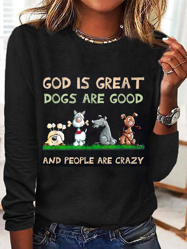 Casual Long Sleeve Crew Neck Dog Loose Regular T-Shirt